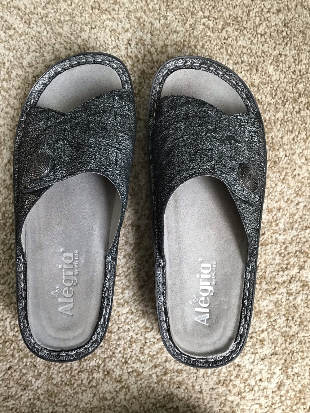 Alegria Metallic Black Slip-On Comfort Sandals